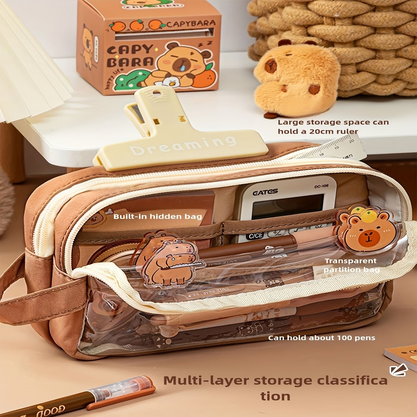 Charming Capybara Canvas Pencil Case - Kawaii School Organizer with Compartments, Includes Brooch, Stickers & Notepad - Available in Khaki, White, Black