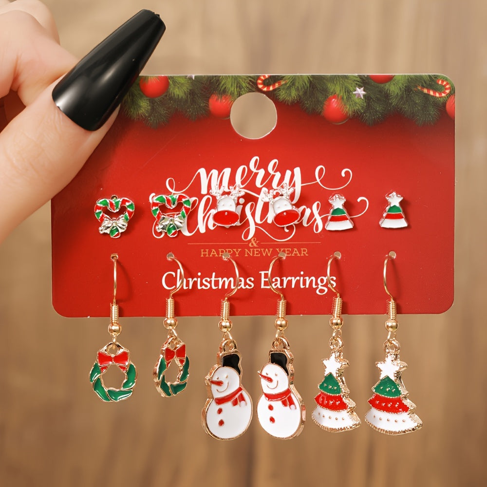 12pcs Christmas Earring Set for Women - Festive Santa, Reindeer & Tree Designs | Boho-Elegant Alloy Studs & Dangles | Perfect Holiday Gift