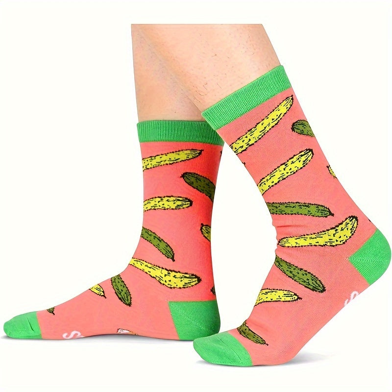 1 Pair Novelty Pickle Themed Men'S Socks - Creative Gift for Pickle Lovers - Fun and Whimsical Alphabet Pattern Knit Polyester Socks with Elastane for Daily Wear