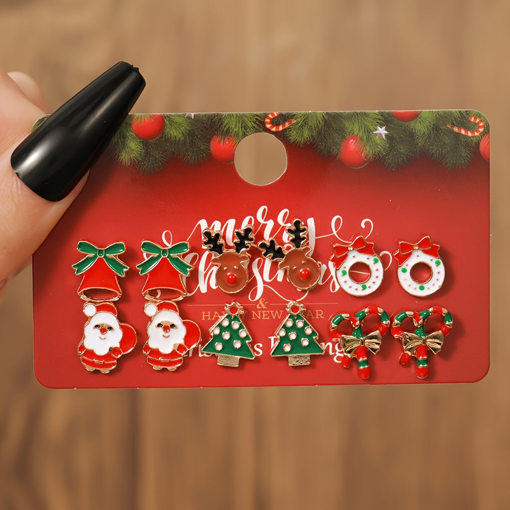 12pcs Christmas Earring Set for Women - Festive Santa, Reindeer & Tree Designs | Boho-Elegant Alloy Studs & Dangles | Perfect Holiday Gift