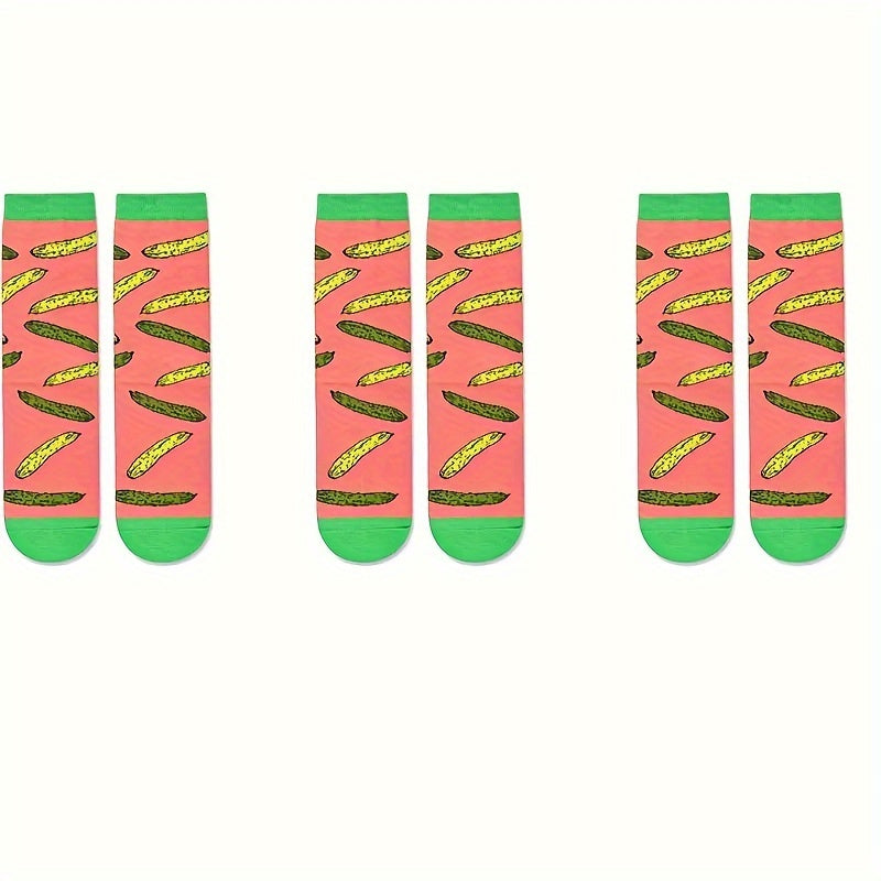 1 Pair Novelty Pickle Themed Men'S Socks - Creative Gift for Pickle Lovers - Fun and Whimsical Alphabet Pattern Knit Polyester Socks with Elastane for Daily Wear