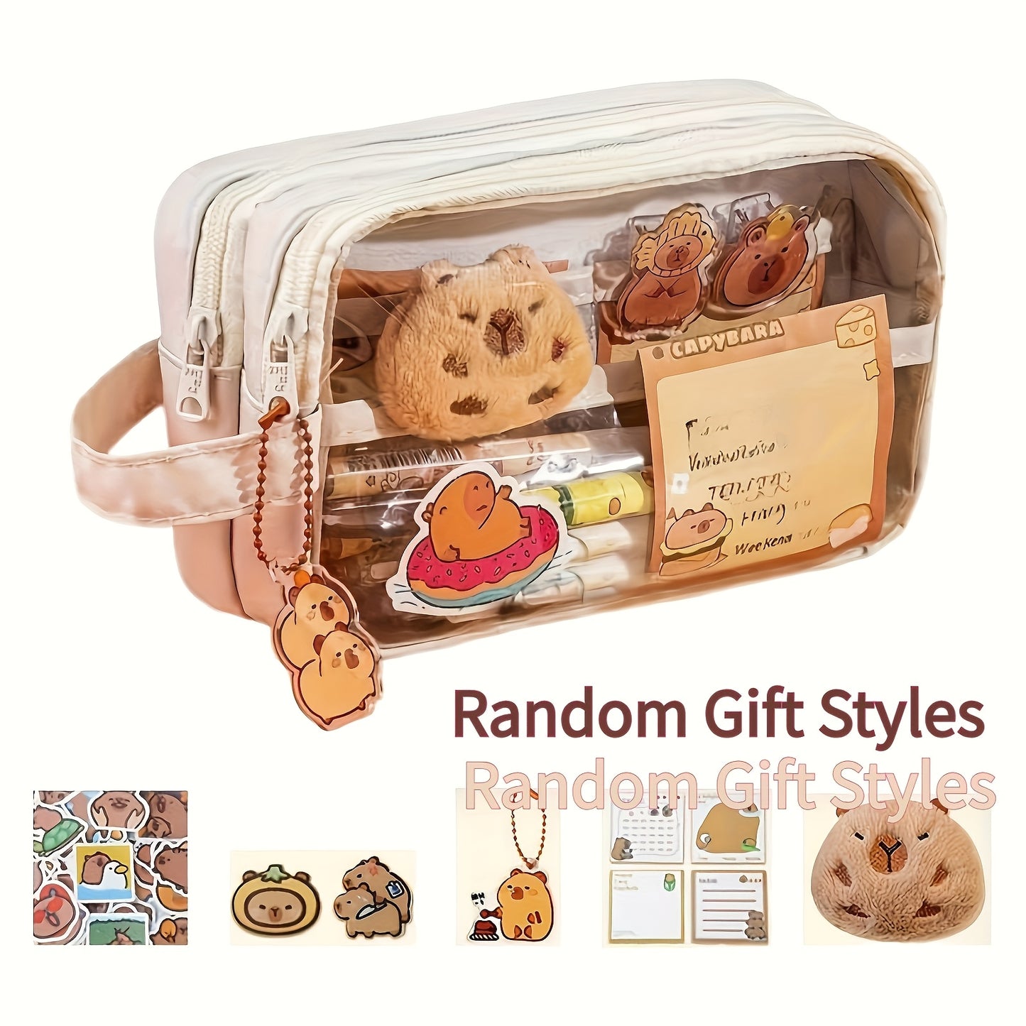 Charming Capybara Canvas Pencil Case - Kawaii School Organizer with Compartments, Includes Brooch, Stickers & Notepad - Available in Khaki, White, Black