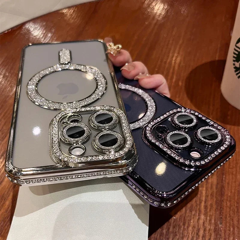 Luxury Pink Diamond Glitter Clear Plating Case For IPhone 15 11 12 13 14 Pro Max Plus Magsafe Magnetic Wireless Charging Cover