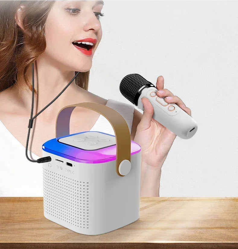 2024 Mini Portable Mic Karaoke Speaker with Bluetooth Speaker with Wireless Microphone Music Player Night Light Atmosphere Lamp