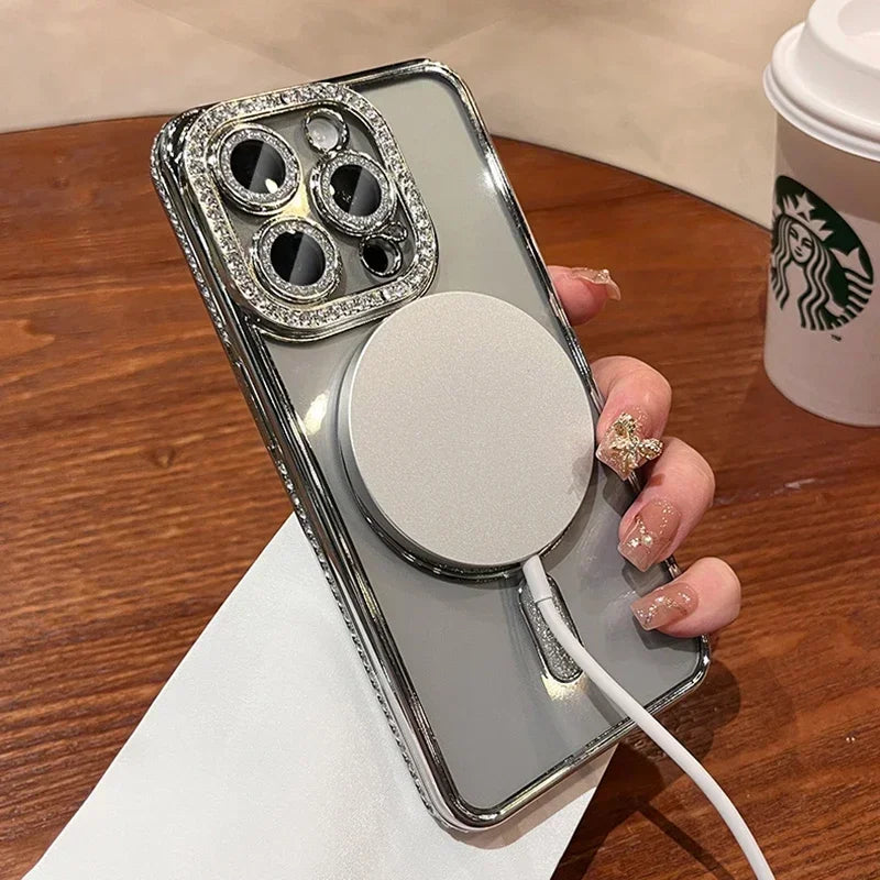 Luxury Pink Diamond Glitter Clear Plating Case For IPhone 15 11 12 13 14 Pro Max Plus Magsafe Magnetic Wireless Charging Cover