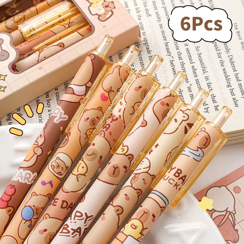 6Pcs Kawaii Capybara Gel Pen Set Black Blue Ink Quickly-Drying Cute Press Gel Pens Aesthetic Stationery School Office Supplies