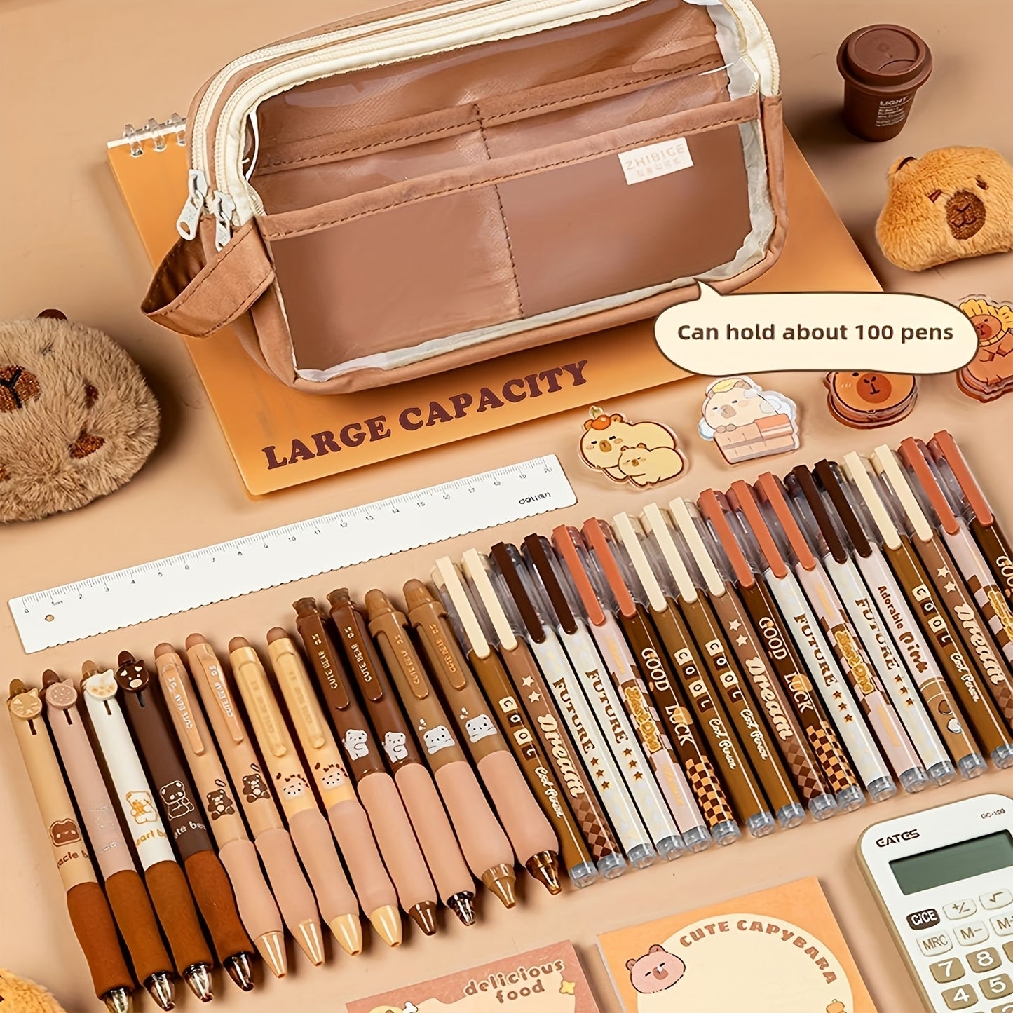 Charming Capybara Canvas Pencil Case - Kawaii School Organizer with Compartments, Includes Brooch, Stickers & Notepad - Available in Khaki, White, Black
