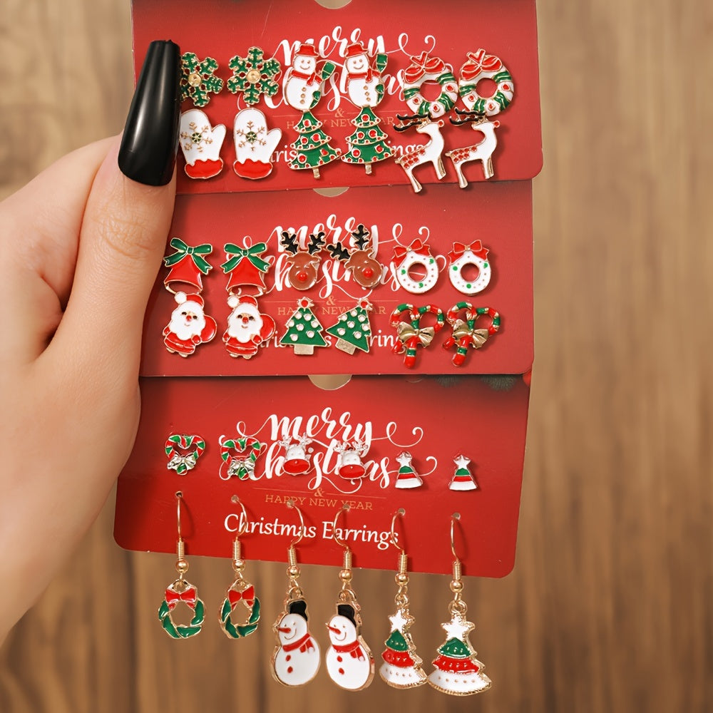 12pcs Christmas Earring Set for Women - Festive Santa, Reindeer & Tree Designs | Boho-Elegant Alloy Studs & Dangles | Perfect Holiday Gift