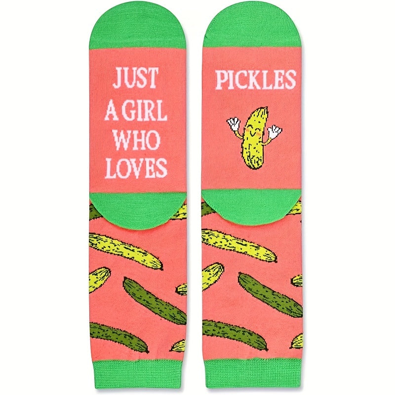 1 Pair Novelty Pickle Themed Men'S Socks - Creative Gift for Pickle Lovers - Fun and Whimsical Alphabet Pattern Knit Polyester Socks with Elastane for Daily Wear