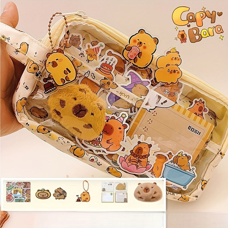 Charming Capybara Canvas Pencil Case - Kawaii School Organizer with Compartments, Includes Brooch, Stickers & Notepad - Available in Khaki, White, Black
