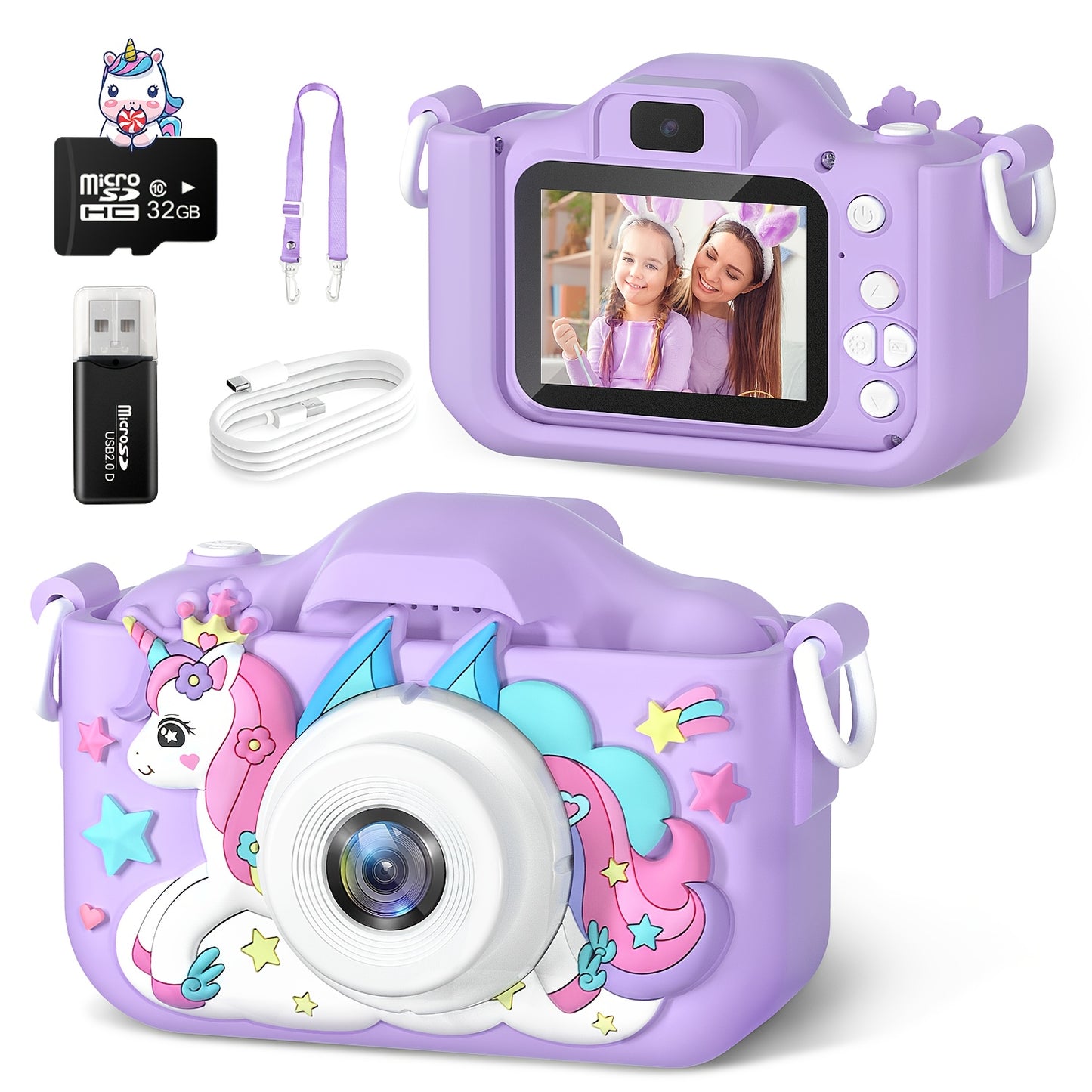 Magical Unicorn Digital Camera for Kids - 32G SD Card, Rechargeable, High-Definition, Portable, Electronic Camera Toy, Perfect Christmas Birthday Gift with Card Reader