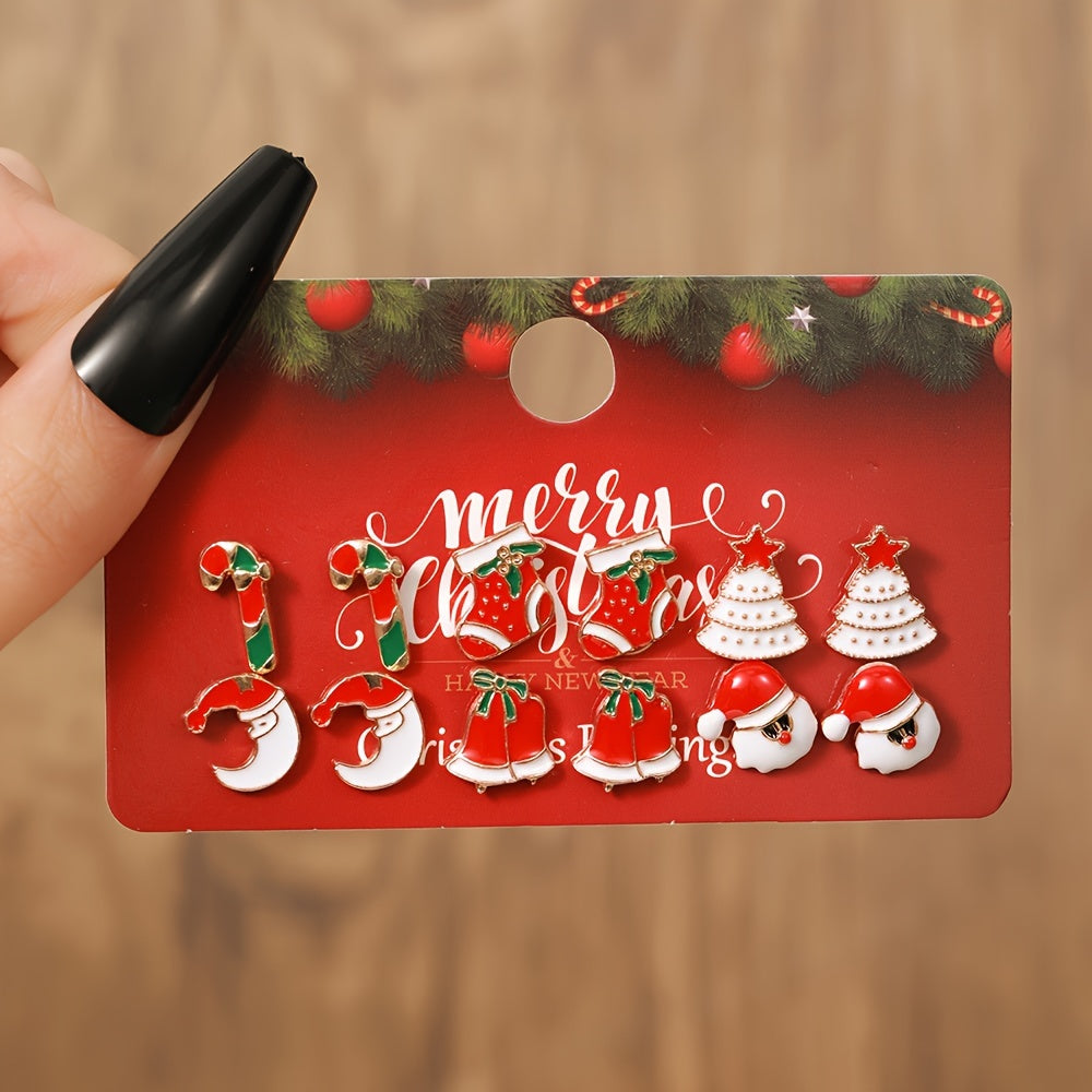 12pcs Christmas Earring Set for Women - Festive Santa, Reindeer & Tree Designs | Boho-Elegant Alloy Studs & Dangles | Perfect Holiday Gift
