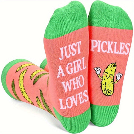 1 Pair Novelty Pickle Themed Men'S Socks - Creative Gift for Pickle Lovers - Fun and Whimsical Alphabet Pattern Knit Polyester Socks with Elastane for Daily Wear