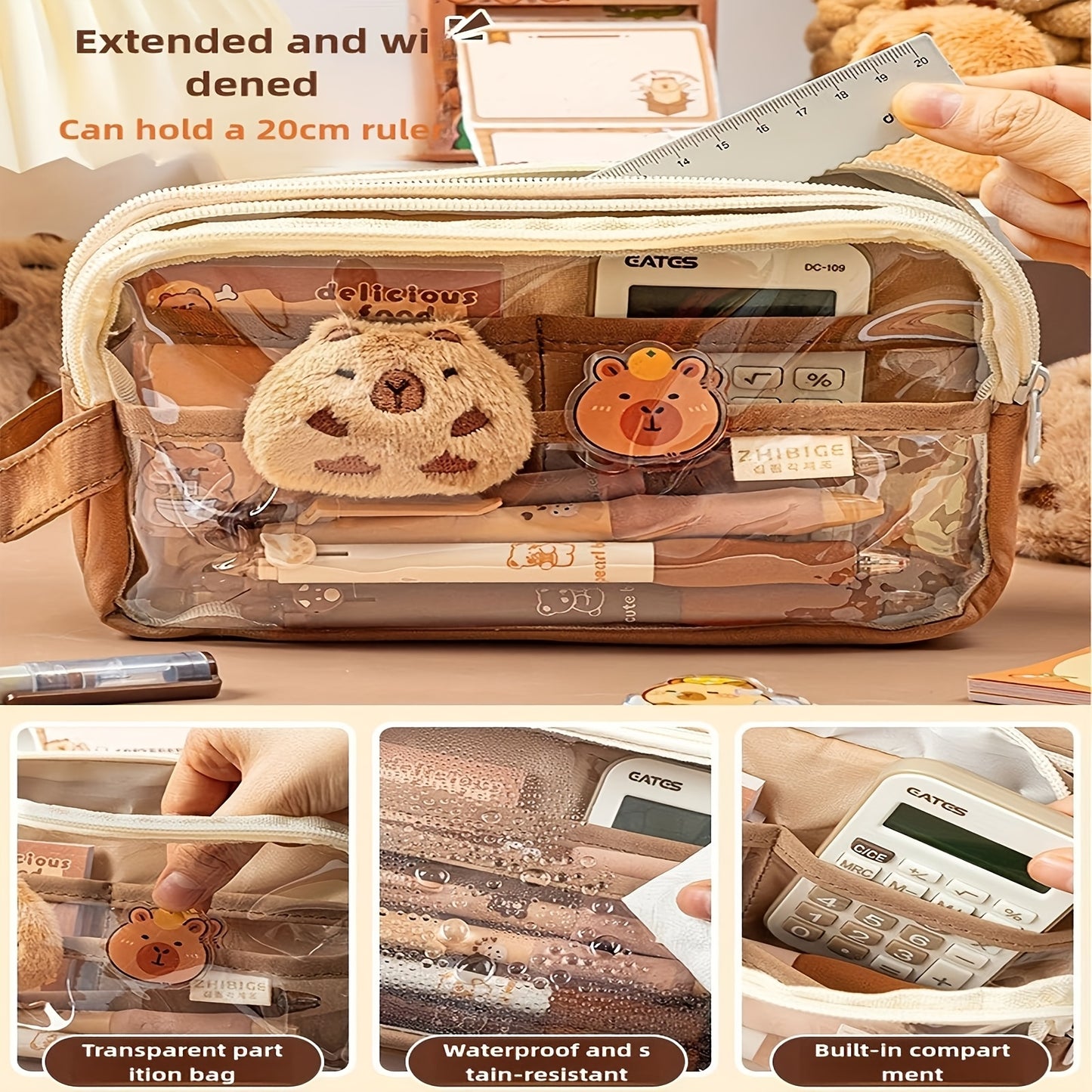 Charming Capybara Canvas Pencil Case - Kawaii School Organizer with Compartments, Includes Brooch, Stickers & Notepad - Available in Khaki, White, Black