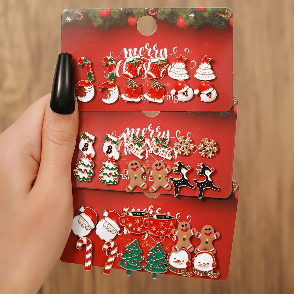 12pcs Christmas Earring Set for Women - Festive Santa, Reindeer & Tree Designs | Boho-Elegant Alloy Studs & Dangles | Perfect Holiday Gift