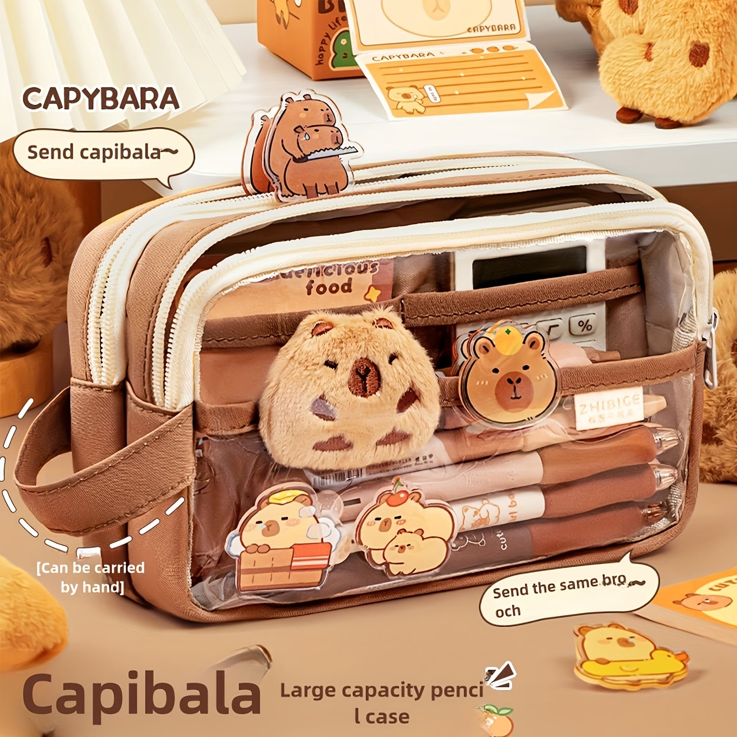 Charming Capybara Canvas Pencil Case - Kawaii School Organizer with Compartments, Includes Brooch, Stickers & Notepad - Available in Khaki, White, Black