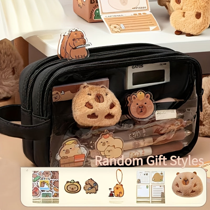 Charming Capybara Canvas Pencil Case - Kawaii School Organizer with Compartments, Includes Brooch, Stickers & Notepad - Available in Khaki, White, Black