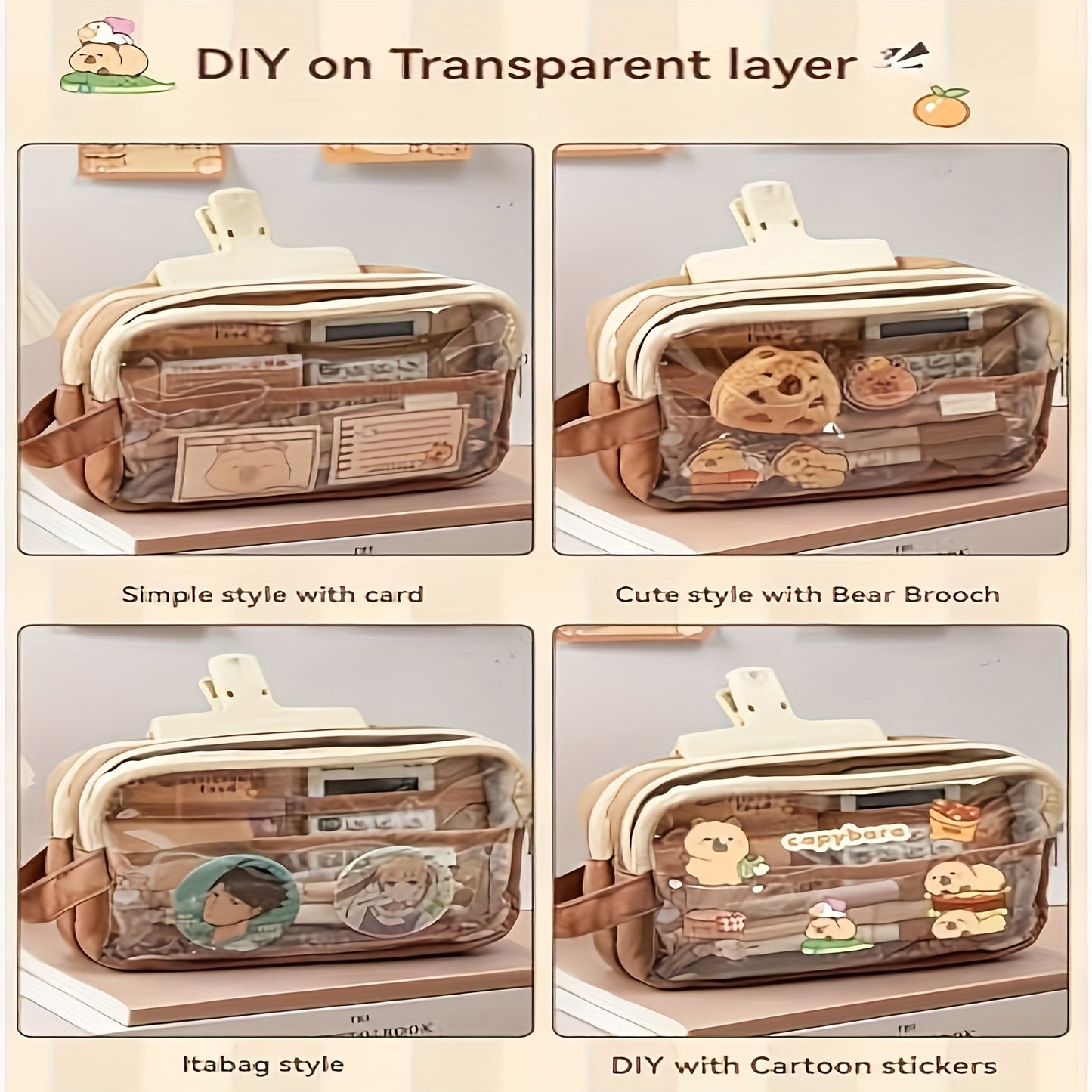 Charming Capybara Canvas Pencil Case - Kawaii School Organizer with Compartments, Includes Brooch, Stickers & Notepad - Available in Khaki, White, Black