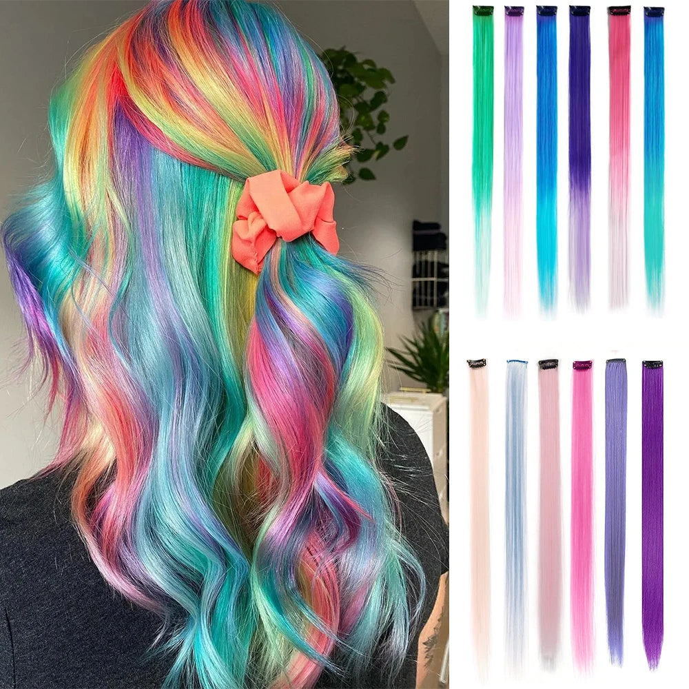 Get party-ready with our 6-pack Colored Highlights Clip-in Hair Extensions! Vibrant shades, 22 inches long, perfect for a fun pop of color