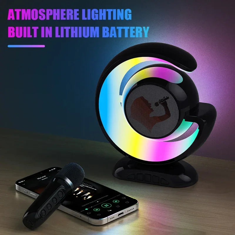 2024 Mini Portable Mic Karaoke Speaker with Bluetooth Speaker with Wireless Microphone Music Player Night Light Atmosphere Lamp