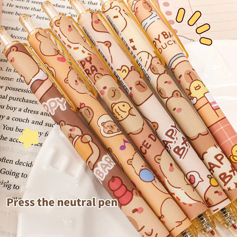 6Pcs Kawaii Capybara Gel Pen Set Black Blue Ink Quickly-Drying Cute Press Gel Pens Aesthetic Stationery School Office Supplies