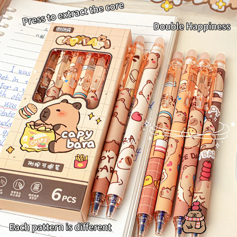 6Pcs Kawaii Capybara Gel Pen Set Black Blue Ink Quickly-Drying Cute Press Gel Pens Aesthetic Stationery School Office Supplies