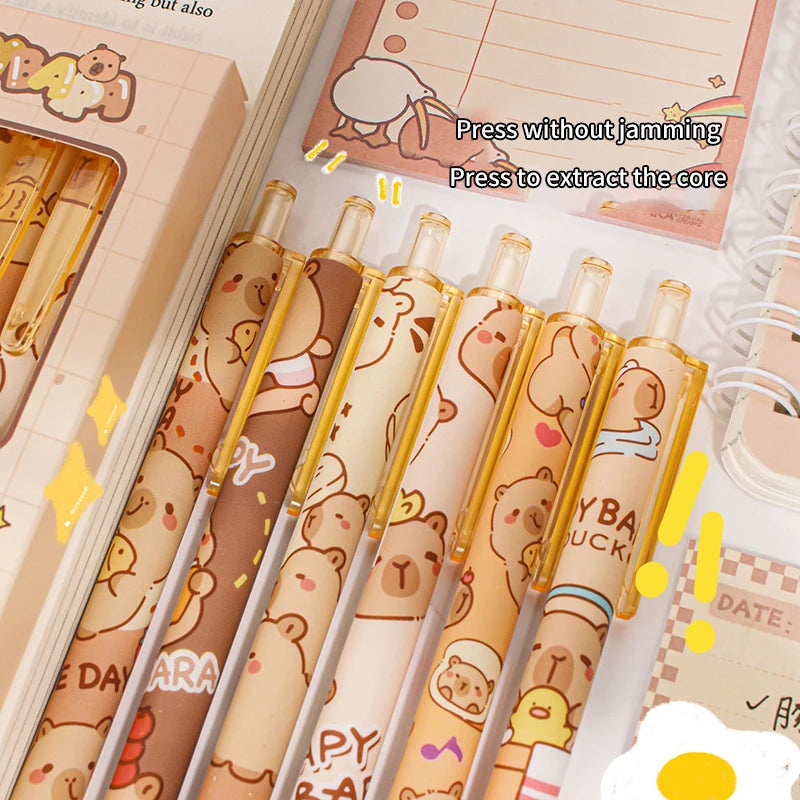 6Pcs Kawaii Capybara Gel Pen Set Black Blue Ink Quickly-Drying Cute Press Gel Pens Aesthetic Stationery School Office Supplies