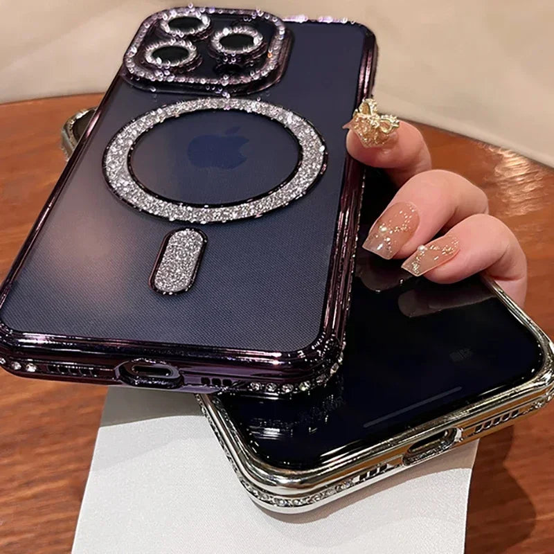 Luxury Pink Diamond Glitter Clear Plating Case For IPhone 15 11 12 13 14 Pro Max Plus Magsafe Magnetic Wireless Charging Cover