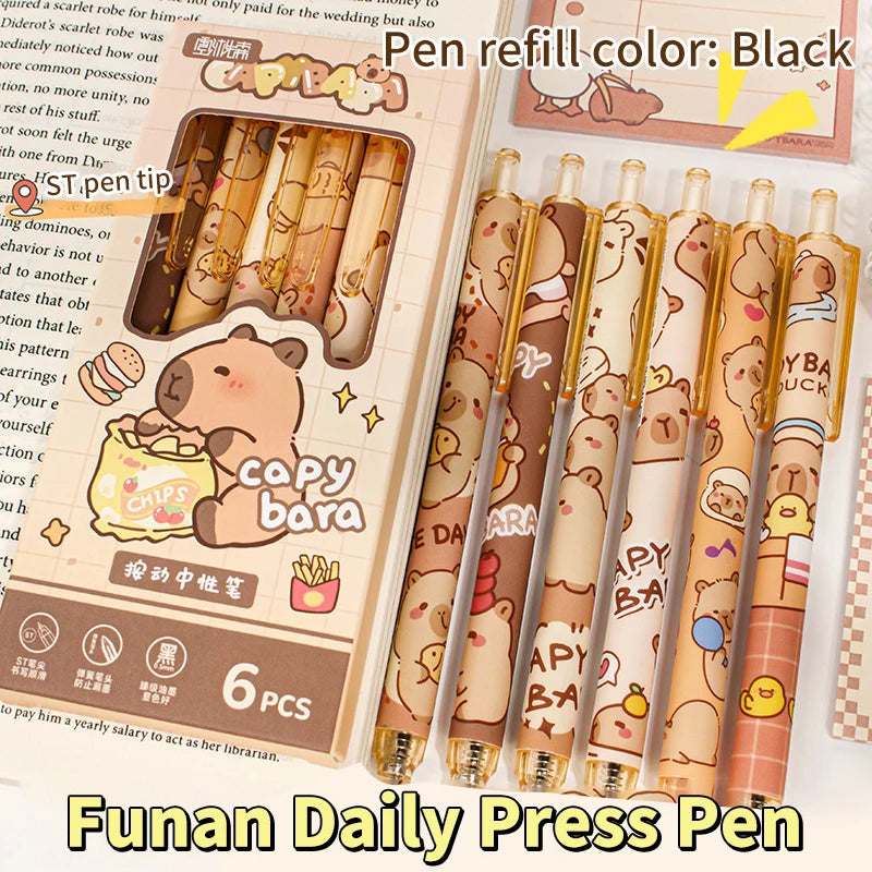 6Pcs Kawaii Capybara Gel Pen Set Black Blue Ink Quickly-Drying Cute Press Gel Pens Aesthetic Stationery School Office Supplies