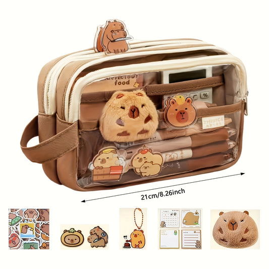 Charming Capybara Canvas Pencil Case - Kawaii School Organizer with Compartments, Includes Brooch, Stickers & Notepad - Available in Khaki, White, Black