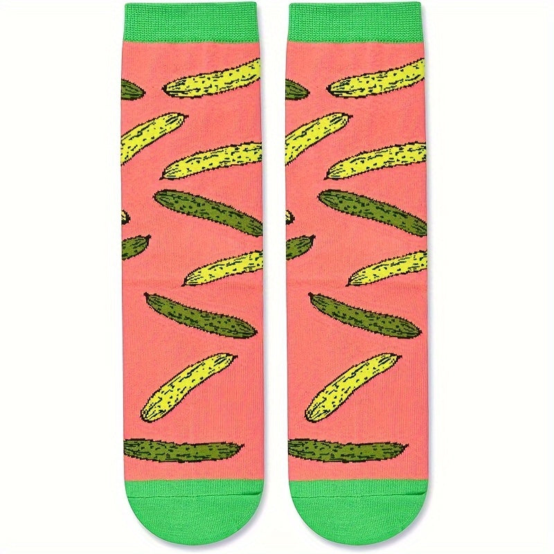 1 Pair Novelty Pickle Themed Men'S Socks - Creative Gift for Pickle Lovers - Fun and Whimsical Alphabet Pattern Knit Polyester Socks with Elastane for Daily Wear